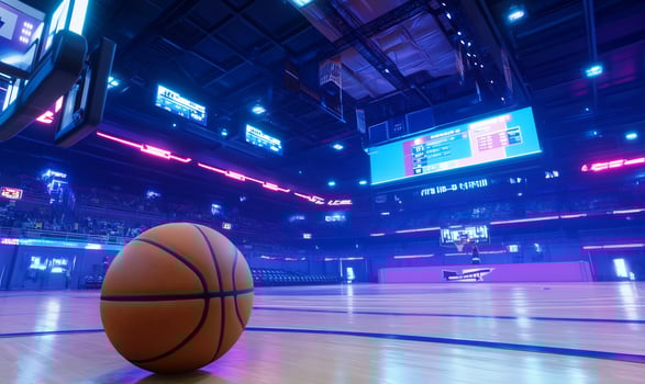 Basketball on court in modern lit indoor arena photo