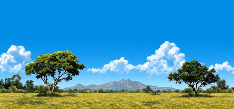 Open landscape with golden grass field under bright blue sky with trees and mountains photo
