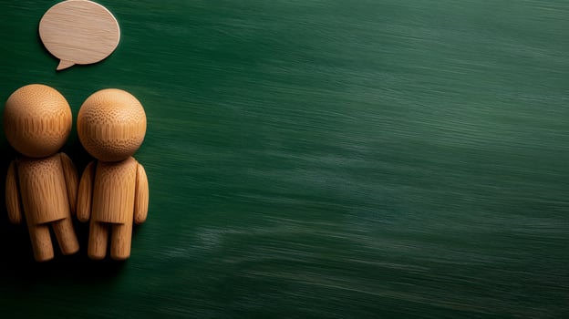 Wooden figures discuss on green chalkboard photo