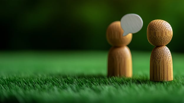 Wooden figures converse nature background communication concept photo