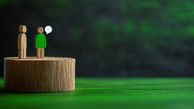 Wooden figures conversing on stump, green background, communication concept photo