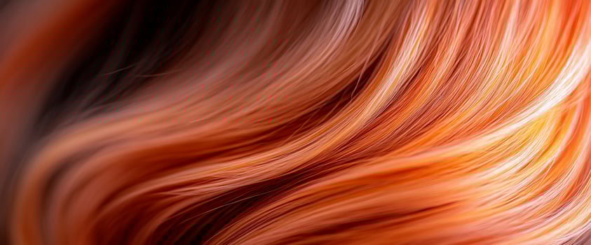 Wavy copper hair closeup, dark background, beauty product ad photo