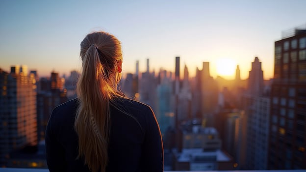 Woman Rooftop Sunset Cityscape photo