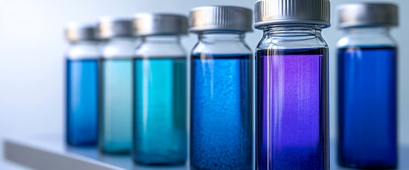 Colorful vials lab shelf science research closeup blurred background photo