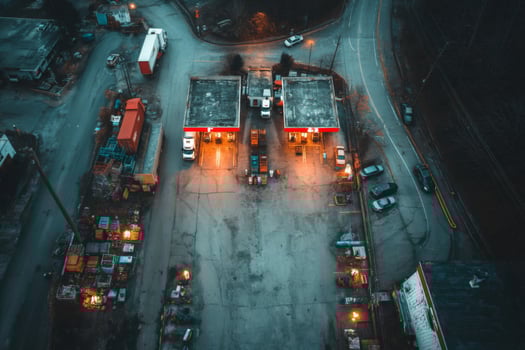 Aerial view of a gas station at night photo