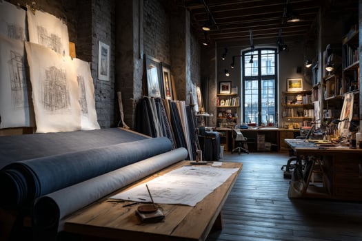A room with lots of fabric and a desk photo