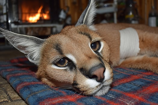 A caracal cat laying on a blanket in front of a fireplace photo