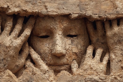 A sculpture of a woman's face covered with hands photo