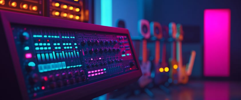 Synth in Studio, Neon Lights, Music Gear photo