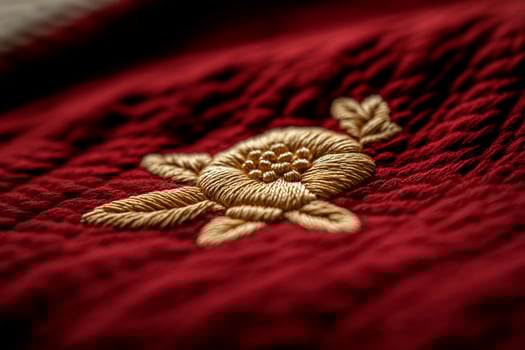 Gold floral embroidery detail on red fabric closeup photo