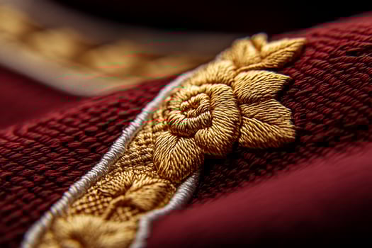Gold floral embroidery on maroon fabric closeup detail textile background fashion design photo