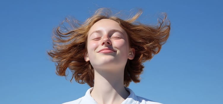 Serene woman enjoying fresh air against blue sky with closed eyes expressing peace and calm photo