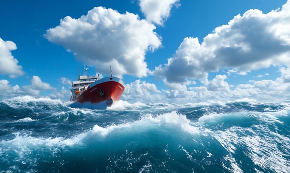 Cargo ship sailing on wavy ocean under blue sky photo