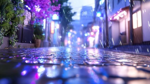 Rainy city street reflection with blossoms and wet pavement ambiance photo