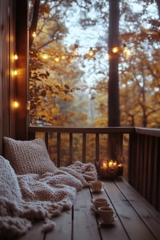 Cozy Autumn Morning on a Covered Porch With Warm Blankets and Soft Lighting photo