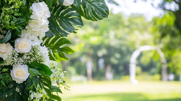 Floral arrangement with white roses and green leaves in natural outdoor setting photo