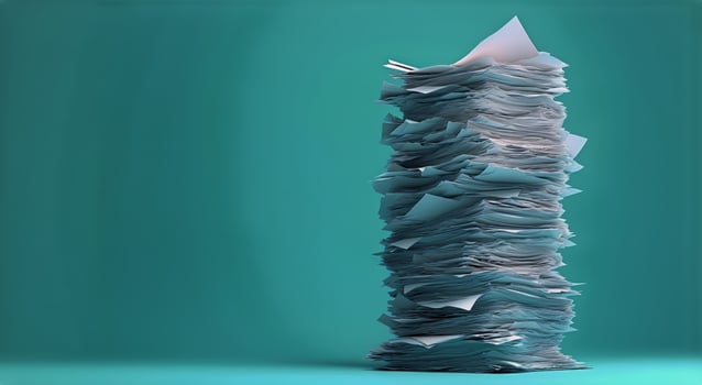 Pile of Disorganized Papers Rising High on a Teal Background in a Modern Office Setting photo