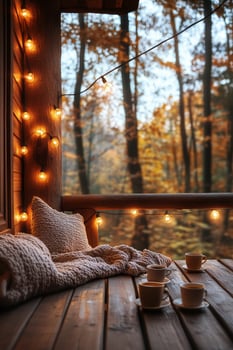 Cozy Autumn Morning on a Covered Porch With Warm Blankets and Soft Lighting. photo