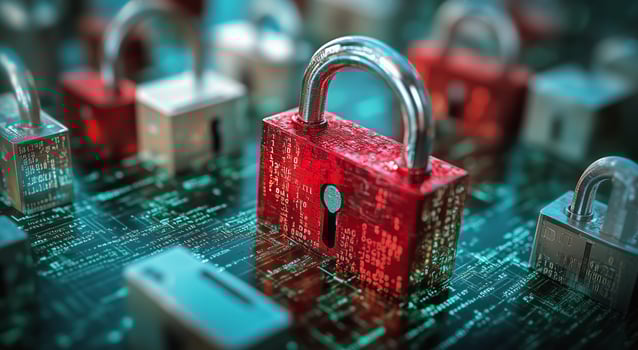 Digital Security With a Red Padlock on a Circuit Board Represents Data Protection and Cybersecurity. photo
