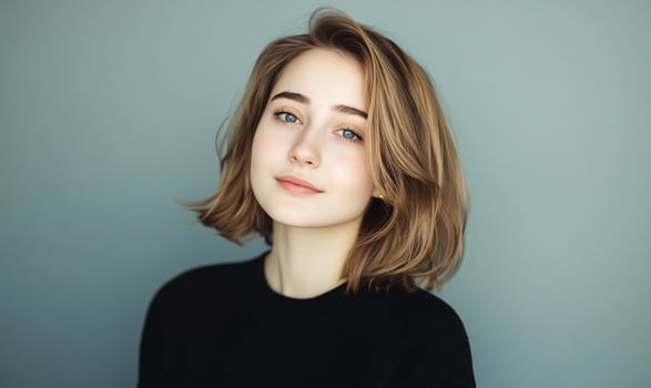 Beautiful young woman portrait with brown hair against neutral background photo