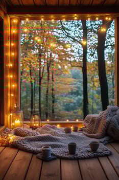 Cozy Cabin Porch Decorated With Warm Lights and Fall Foliage During a Tranquil Autumn Evening. photo