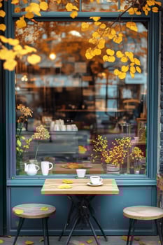 Cozy Cafe Interior With Autumn Leaves and Warm Drinks During a Peaceful Afternoon. photo