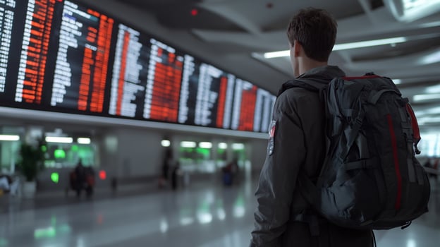 Traveler at airport departure board checking flight schedule information photo