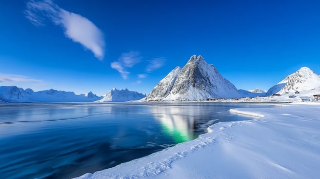Snow covered mountains reflected in calm water scenic winter landscape photo