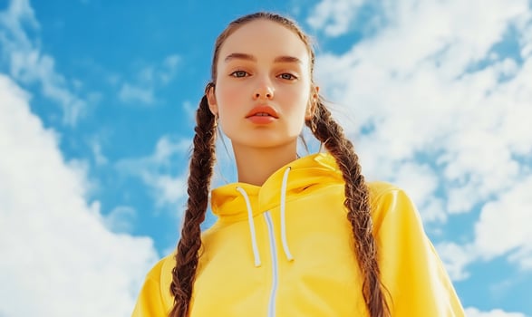 Young woman in yellow hoodie against blue sky with braids fashion and style photo