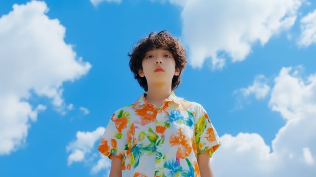 Person looking up at sky with clouds bright sunny day photo