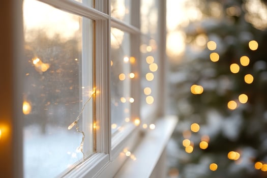 Cozy Winter Evening With Holiday Lights and Snowfall Outside the Window. photo