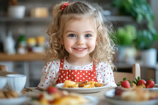 Child Enjoying Breakfast With Pancakes and Strawberries in Cozy Kitchen photo