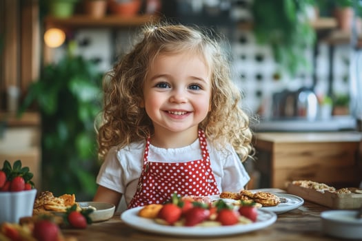 Cheerful Child Prepares Delicious Breakfast With Strawberries in a Cozy Kitchen Setting photo