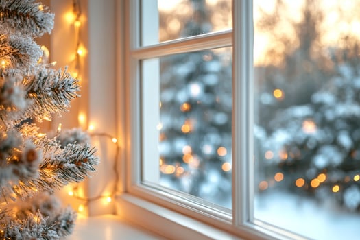 Cozy Winter Evening With Holiday Lights and Snowfall Outside the Window photo