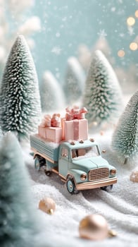 Miniature Blue Truck Transports Holiday Gifts Through a Snowy Forest photo