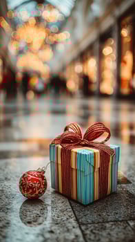 Colorful Gift Box and Ornament in a Festive Shopping Mall During the Holiday Season photo