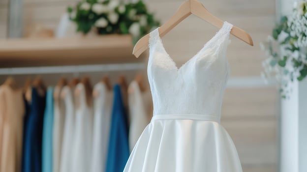 Elegant white dress hanging in boutique apparel selection photo