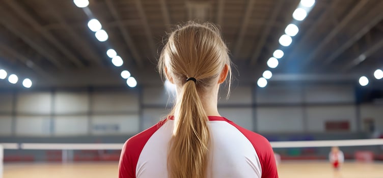Female volleyball player observing an indoor game from behind photo