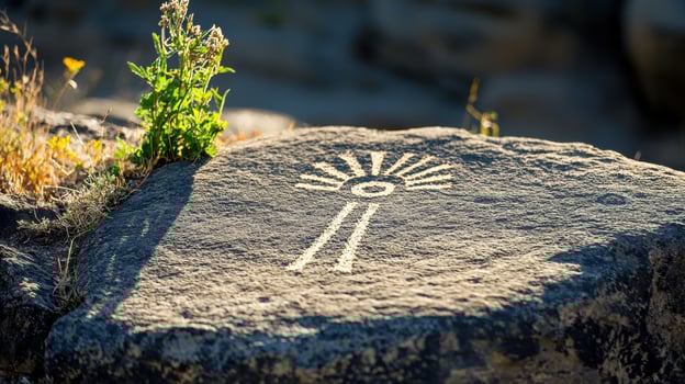Ancient rock art featuring petroglyph sunburst design archaeological site clear sky photo