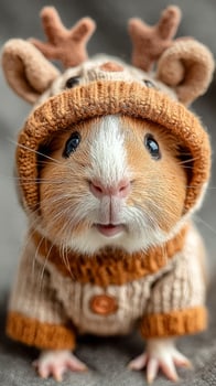 Cute Guinea Pig in a Knitted Sweater and Antler Hat During Winter Indoors. photo