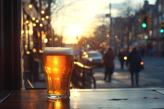 Sunset View With a Glass of Beer in a Busy City Street Filled With Pedestrians photo
