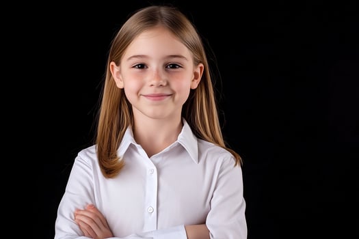 Confident young girl portrait with blonde hair in studio against black background photo