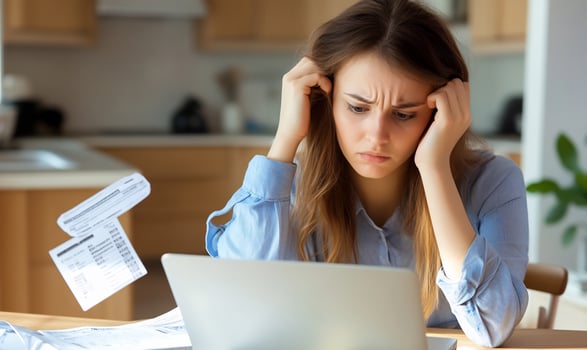 Woman stressed by finances using laptop at home overwhelmed with bills and computer work photo