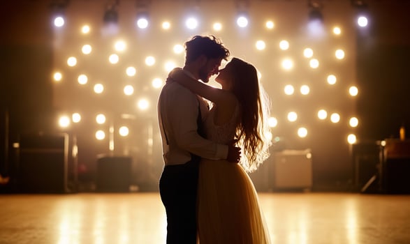 Romantic couple embrace in silhouette on stage with glowing lights photo