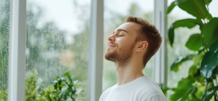 Man enjoying rainy day indoors in a peaceful moment photo