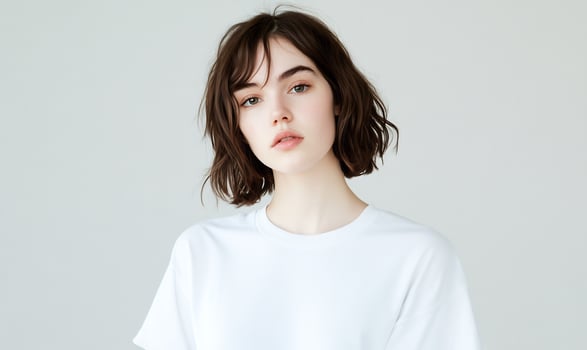 Portrait of a young brunette woman in white t shirt with neutral expression against simple background photo