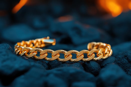 Gold bracelet, fiery background, dark rocks, jewelry advertising photo