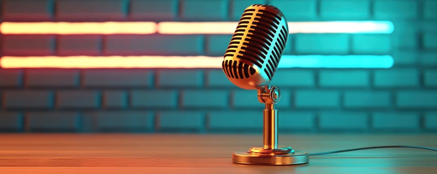 Retro microphone on table, neon brick wall background, podcasting photo