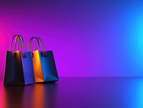 Neonlit shopping bags on reflective surface, vibrant background, online retail promotion photo