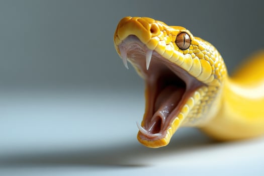 Yellow snake striking, studio shot, gray background, wildlife photography photo